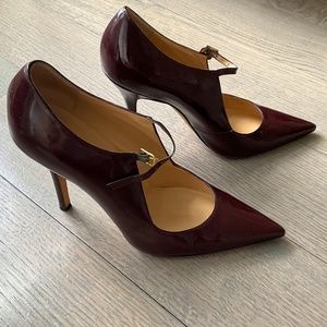 Manolo Blahnik burgundy patent leather Mary Jane pumps